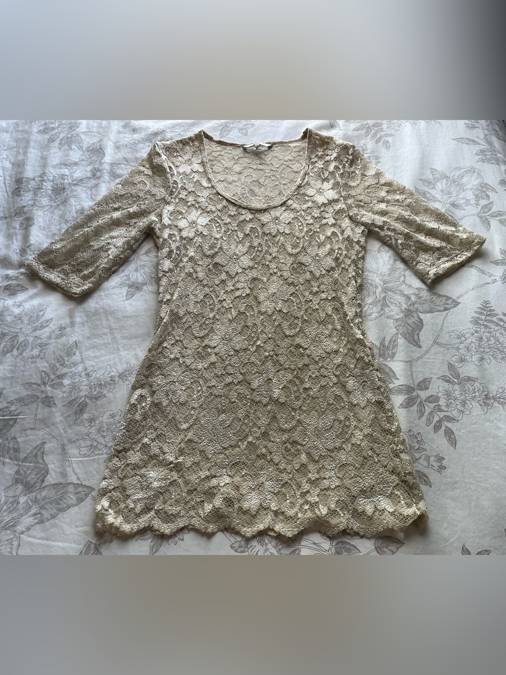 Y2K BKE Cream Lace Sheer Quarter Sleeve Mini Dress Medium Coquette Festival Boho